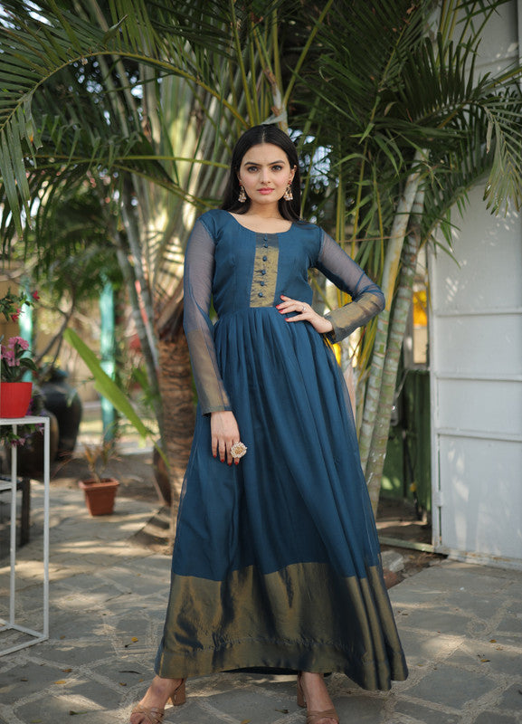 Women's Blue Chiffon Zari Woven Festive Anarkali Dress - Jyoti Fashion