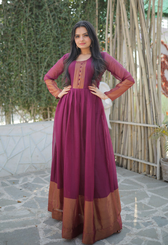 Women's Wine Chiffon Zari Woven Festive Anarkali Dress - Jyoti Fashion