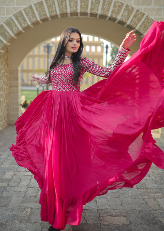 Women's Pink Faux Blooming Sequins With Zari Embroidered Anarkali Dress - Jyoti Fashion