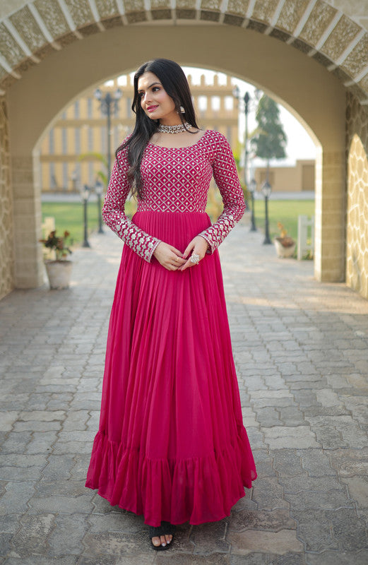 Women's Pink Faux Blooming Sequins With Zari Embroidered Anarkali Dress - Jyoti Fashion