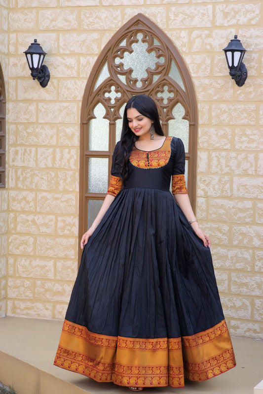 Women's Black Silk Jacquard Weaving Festive Anarkali Dress - Jyoti Fashion