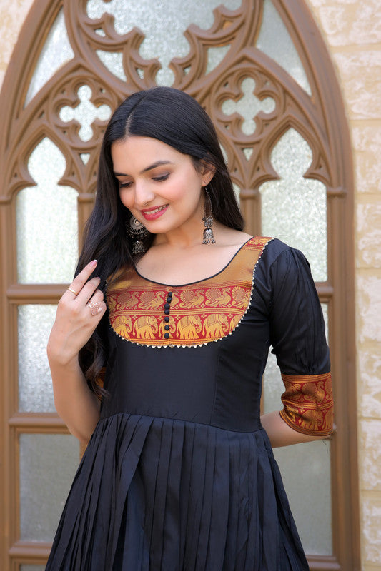 Women's Black Silk Jacquard Weaving Festive Anarkali Dress - Jyoti Fashion