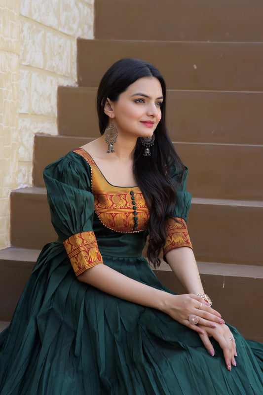 Women's Green Silk Jacquard Weaving Festive Anarkali Dress - Jyoti Fashion