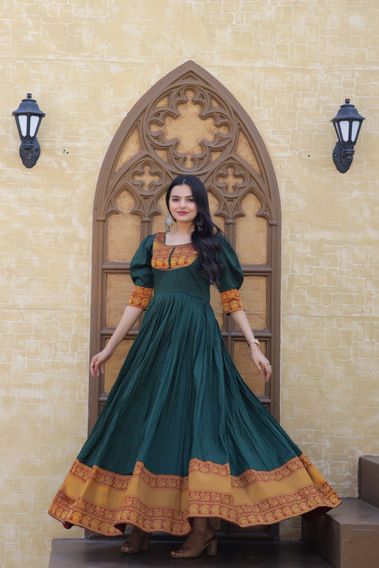 Women's Green Silk Jacquard Weaving Festive Anarkali Dress - Jyoti Fashion