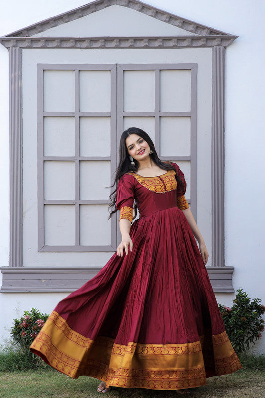 Women's Maroon Silk Jacquard Weaving Festive Anarkali Dress - Jyoti Fashion