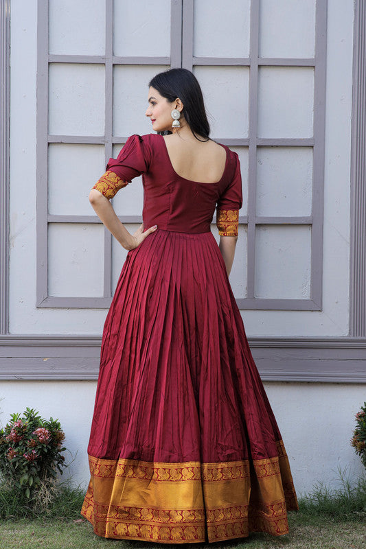 Women's Maroon Silk Jacquard Weaving Festive Anarkali Dress - Jyoti Fashion