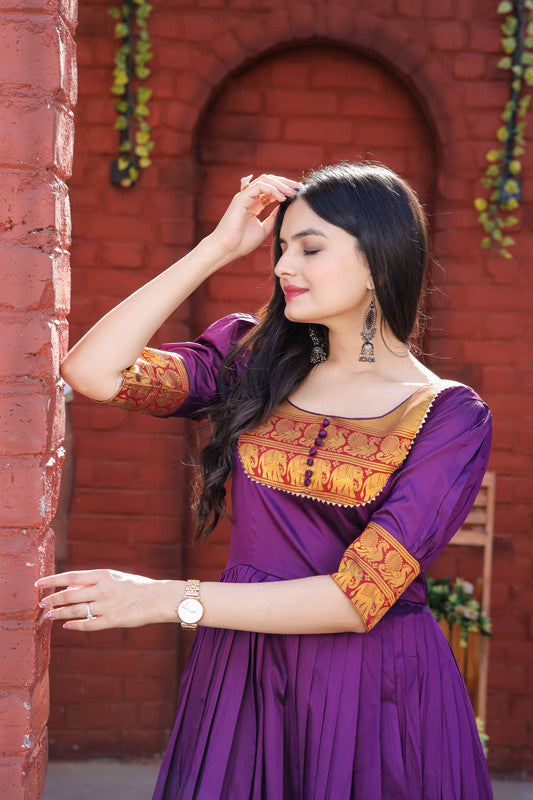 Women's Purple Silk Jacquard Weaving Festive Anarkali Dress - Jyoti Fashion