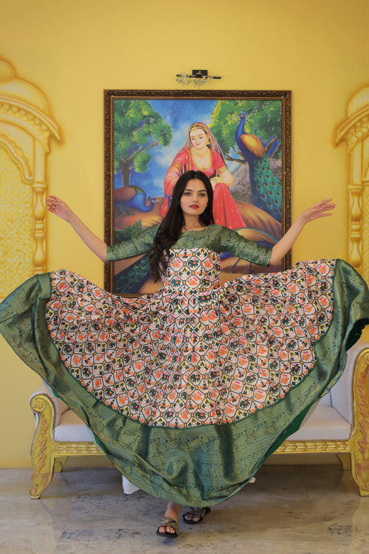 Women's Green Soft Silk Patola Print With Jacquard Weaving Work Anarkali Dress - Jyoti Fashion