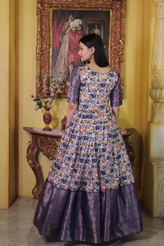 Women's Wine Soft Silk Patola Print With Jacquard Weaving Work Anarkali Dress - Jyoti Fashion