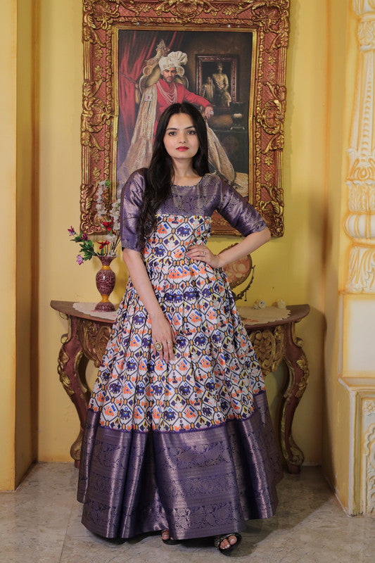 Women's Wine Soft Silk Patola Print With Jacquard Weaving Work Anarkali Dress - Jyoti Fashion