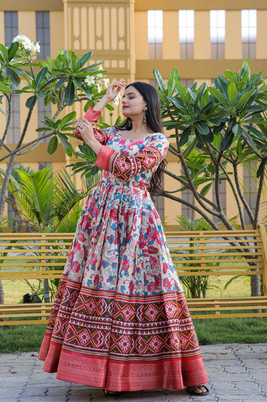 Women's Multicolor Banarasi Silk Kalamkari Print With Jacquard Weaving Anarkali Dress - Jyoti Fashion