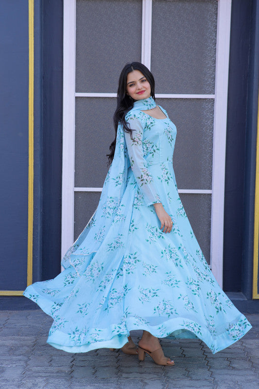 Women's Sky Blue Tabby Silk Floral Printed Anarkali Dress With Dupatta - Jyoti Fashion