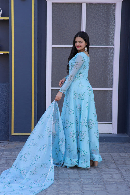 Women's Sky Blue Tabby Silk Floral Printed Anarkali Dress With Dupatta - Jyoti Fashion