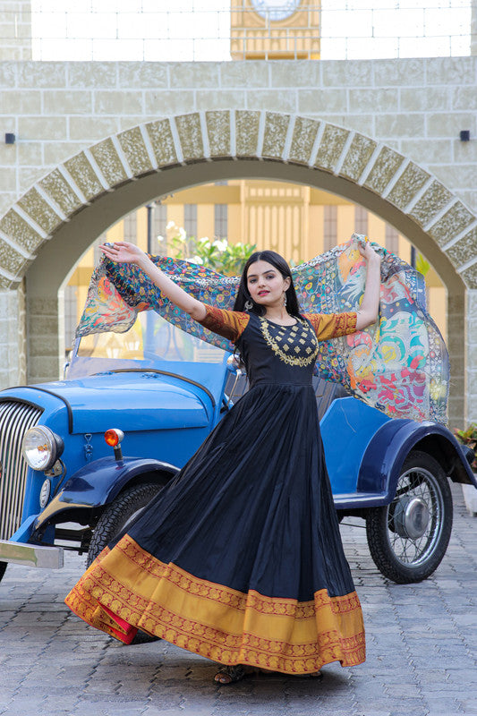 Women's Black Silk Jacquard Weaving With Embroidery Work Anarkali Dress With Dupatta - Jyoti Fashion