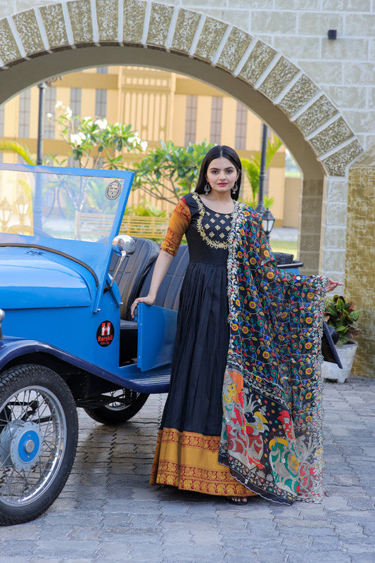 Women's Black Silk Jacquard Weaving With Embroidery Work Anarkali Dress With Dupatta - Jyoti Fashion