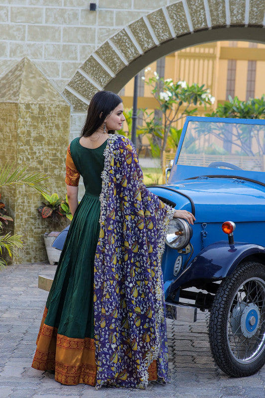 Women's Green Silk Jacquard Weaving With Embroidery Work Anarkali Dress With Dupatta - Jyoti Fashion