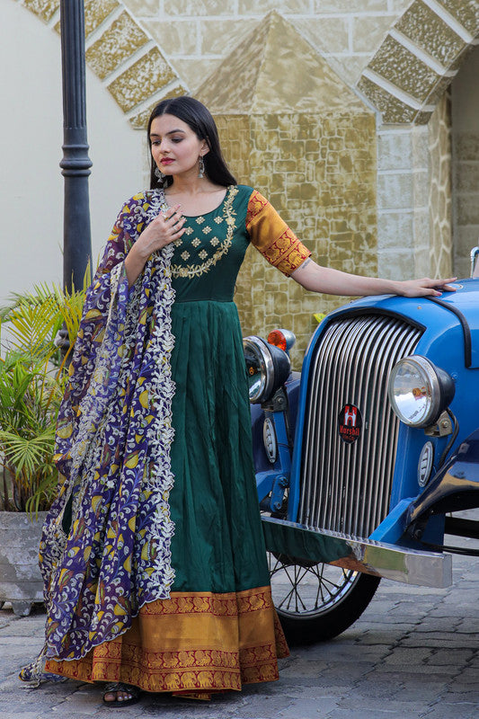 Women's Green Silk Jacquard Weaving With Embroidery Work Anarkali Dress With Dupatta - Jyoti Fashion