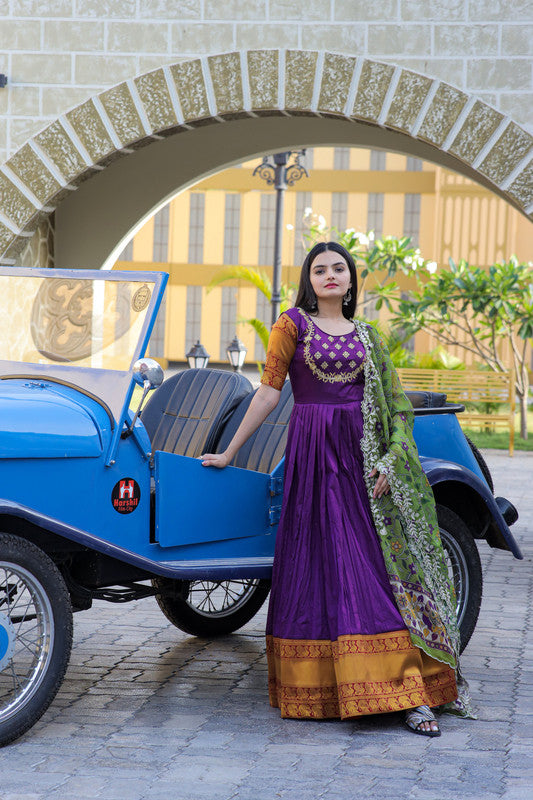 Women's Purple Silk Jacquard Weaving With Embroidery Work Anarkali Dress With Dupatta - Jyoti Fashion