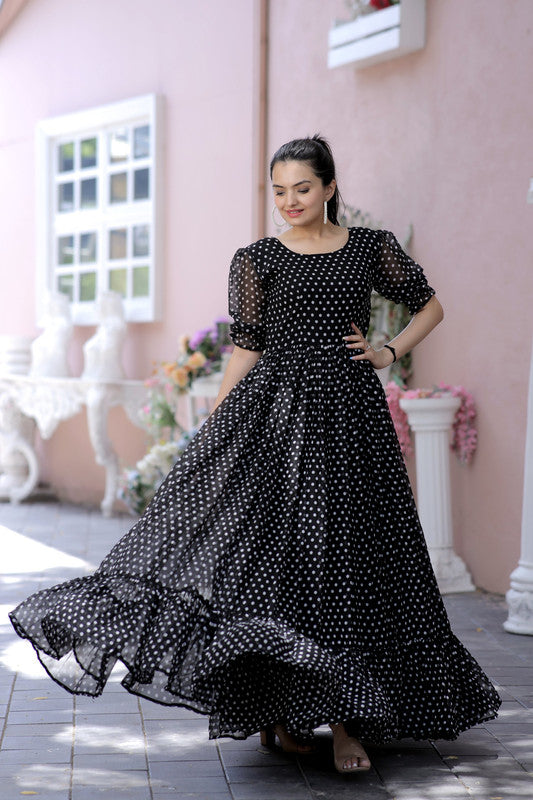 Women's Black Faux Georgette Printed Festive Anarkali Dress - Jyoti Fashion