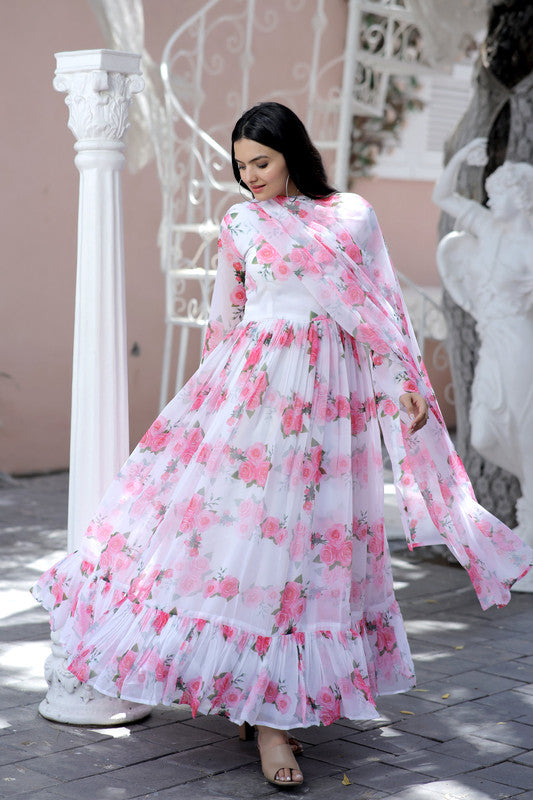 Women's Pink Faux Georgette Floral Digital Printed Anarkali Dress With Dupatta - Jyoti Fashion