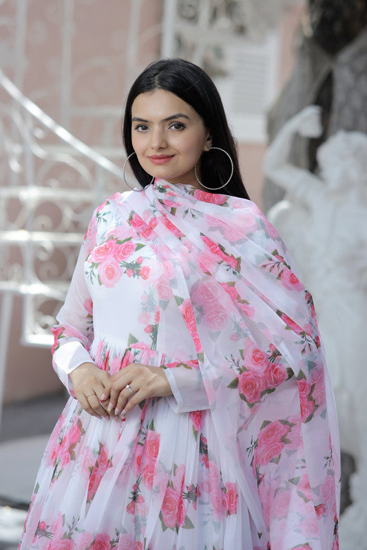 Women's Pink Faux Georgette Floral Digital Printed Anarkali Dress With Dupatta - Jyoti Fashion