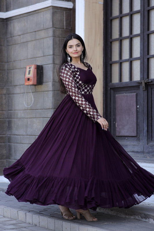 Women's Wine Faux Blooming Sequins With Zari Embroidered Anarkali Dress - Jyoti Fashion