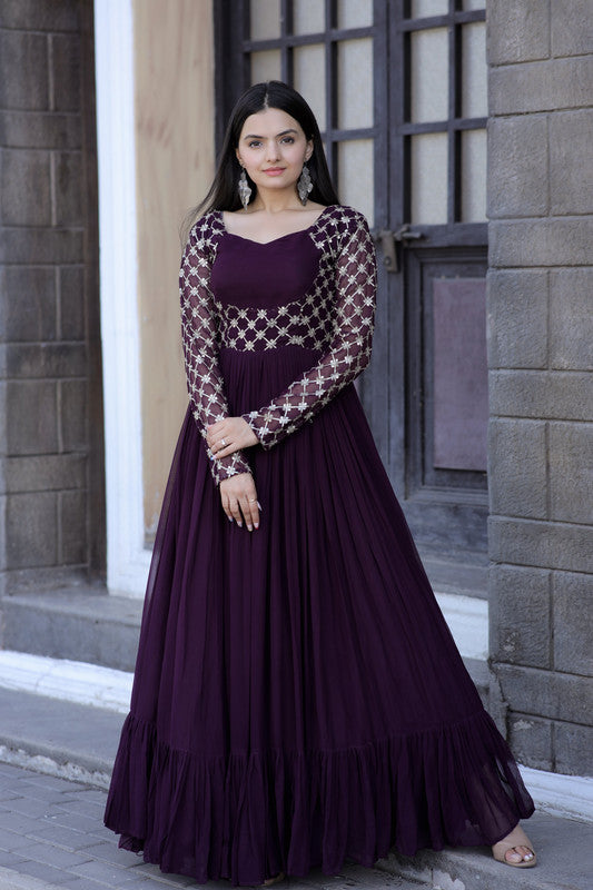 Women's Wine Faux Blooming Sequins With Zari Embroidered Anarkali Dress - Jyoti Fashion