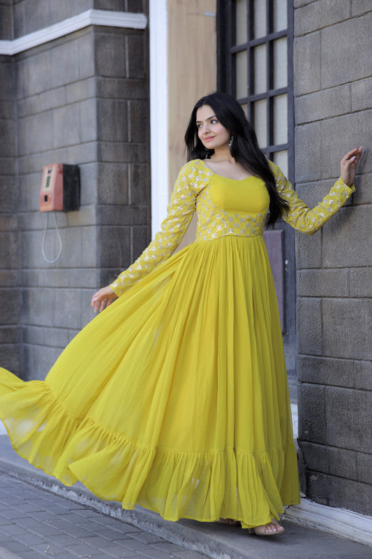 Women's Yellow Faux Blooming Sequins With Zari Embroidered Anarkali Dress - Jyoti Fashion