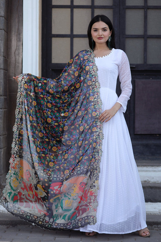 Women's White Georgette Butti Work Partywear Anarkali Dress With Dupatta - Jyoti Fashion