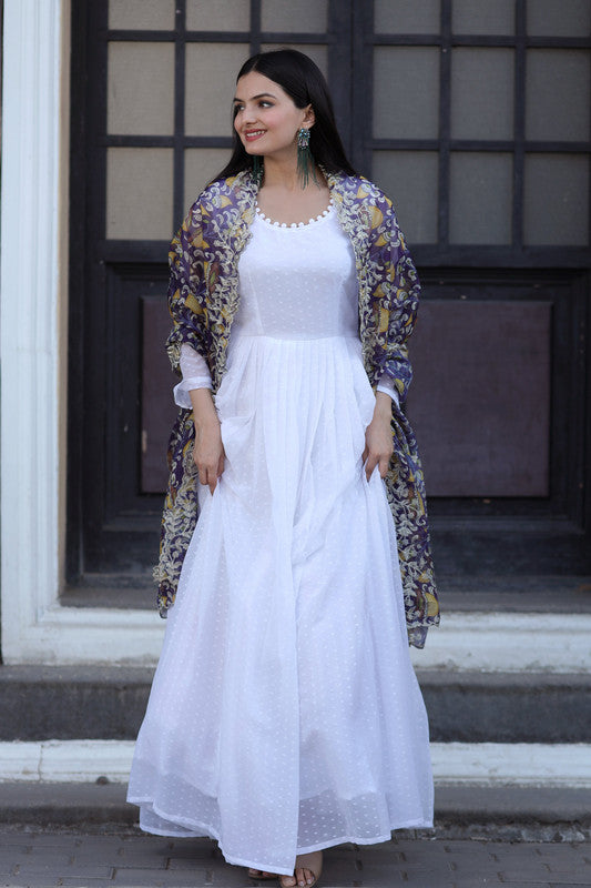 Women's White Georgette Butti Work Partywear Anarkali Dress With Dupatta - Jyoti Fashion