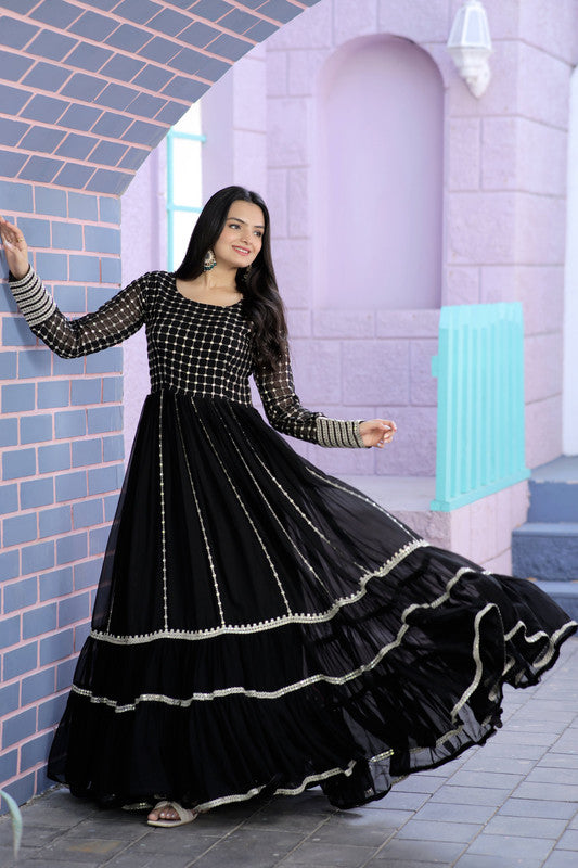 Women's Black Faux Blooming Sequins With Zari Embroidered Anarkali Dress - Jyoti Fashion