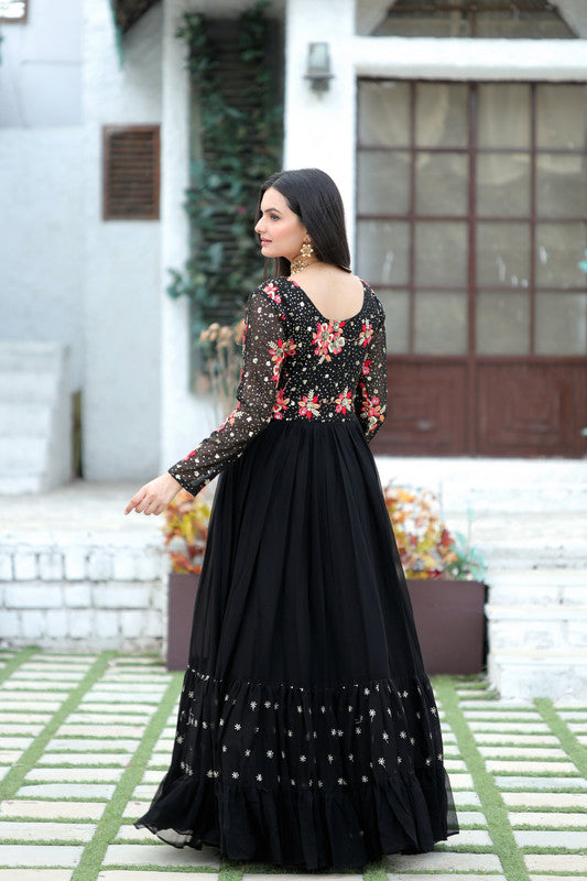 Women's Black Faux Blooming Sequins With Multi Thread Embroidered Anarkali Dress - Jyoti Fashion