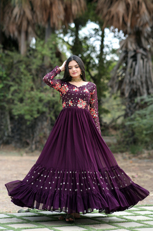 Women's Wine Faux Blooming Sequins With Multi Thread Embroidered Anarkali Dress - Jyoti Fashion