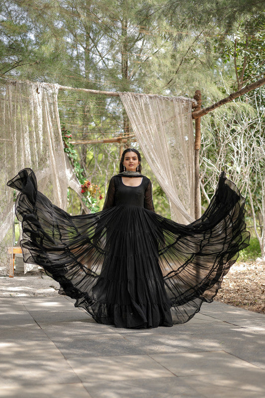 Women's Black Faux Georgette 5 Layer Frill Anarkali Dress With Dupatta