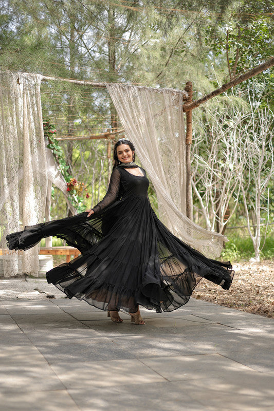 Women's Black Faux Georgette 5 Layer Frill Anarkali Dress With Dupatta Black / M | Trendia Global Women's Black Faux Georgette 5 Layer Frill Anarkali Dress With Dupatta Black / M | Trendia Global