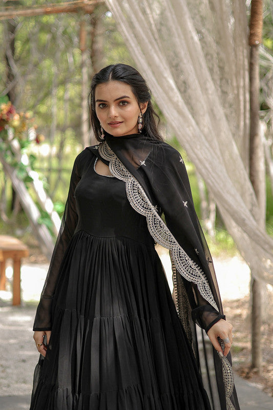 Women's Black Faux Georgette 5 Layer Frill Anarkali Dress With Dupatta - Jyoti Fashion