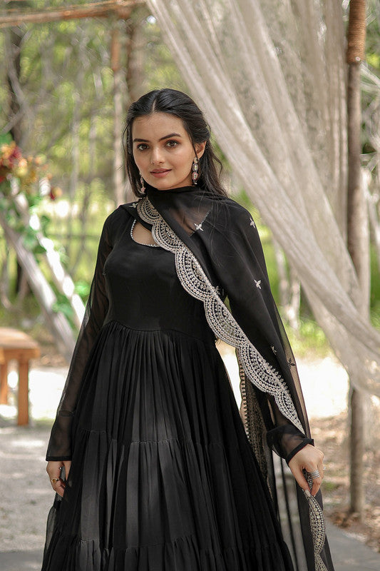 Women's Black Faux Georgette 5 Layer Frill Anarkali Dress With Dupatta