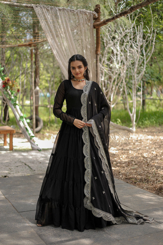 Women's Black Faux Georgette Layer Frill Anarkali Dress With Dupatta