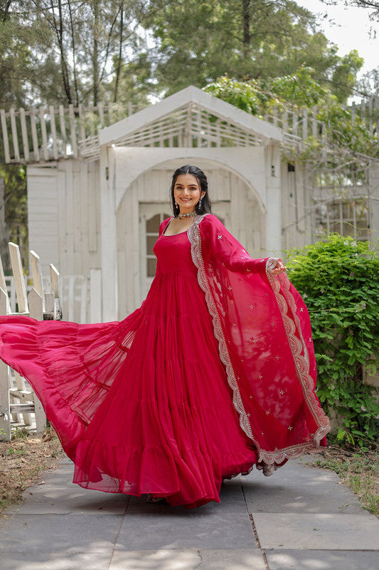 Women's Rani Pink Faux Georgette 5 Layer Frill Anarkali Dress With Dupatta