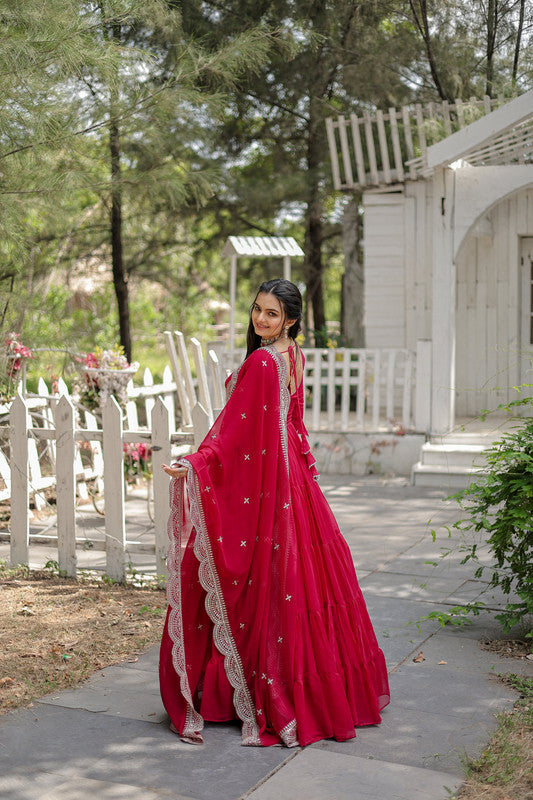 Women's Rani Pink Faux Georgette 5 Layer Frill Anarkali Dress With Dupatta - Jyoti Fashion