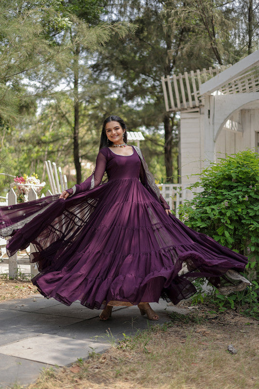 Women's Purple Faux Georgette 5 Layer Frill Anarkali Dress With Dupatta - Jyoti Fashion