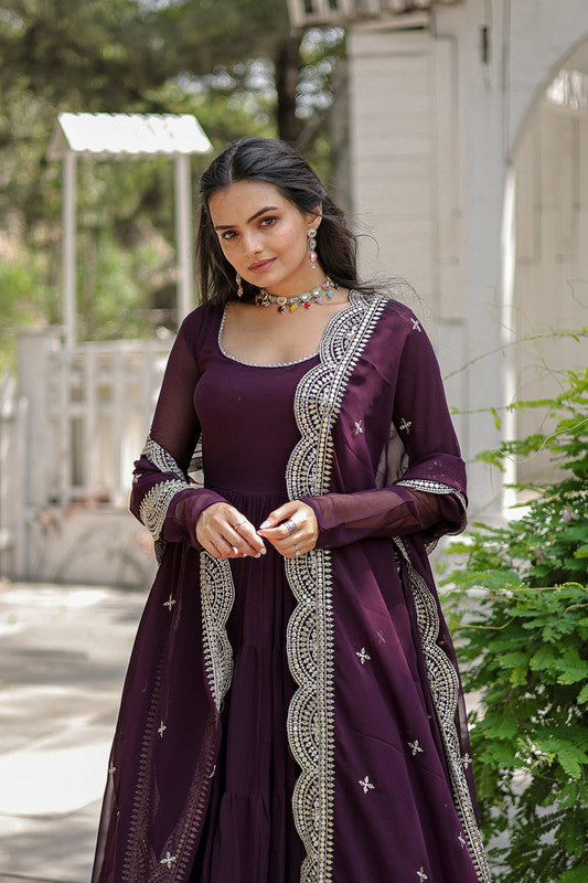 Women's Purple Faux Georgette 5 Layer Frill Anarkali Dress With Dupatta