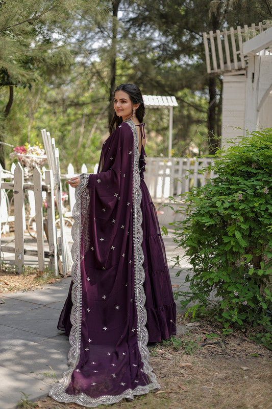 Women's Purple Faux Georgette 5 Layer Frill Anarkali Dress With Dupatta - Jyoti Fashion