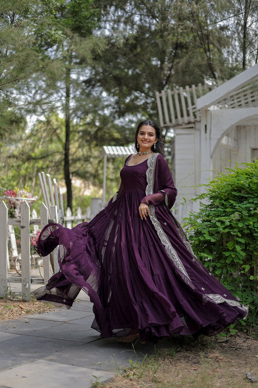 Women's Purple Faux Georgette 5 Layer Frill Anarkali Dress With Dupatta