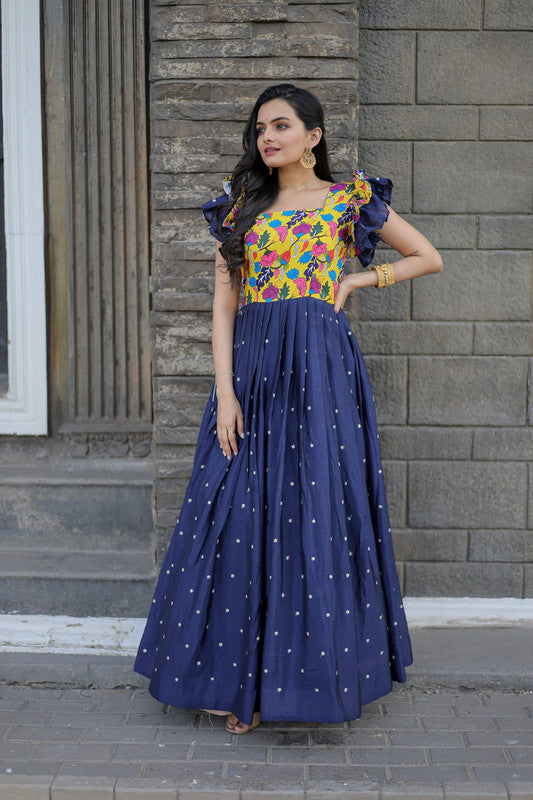 Women's Blue Maslin With Chinon Embroidered Partwear Anarkali Dress - Jyoti Fashion