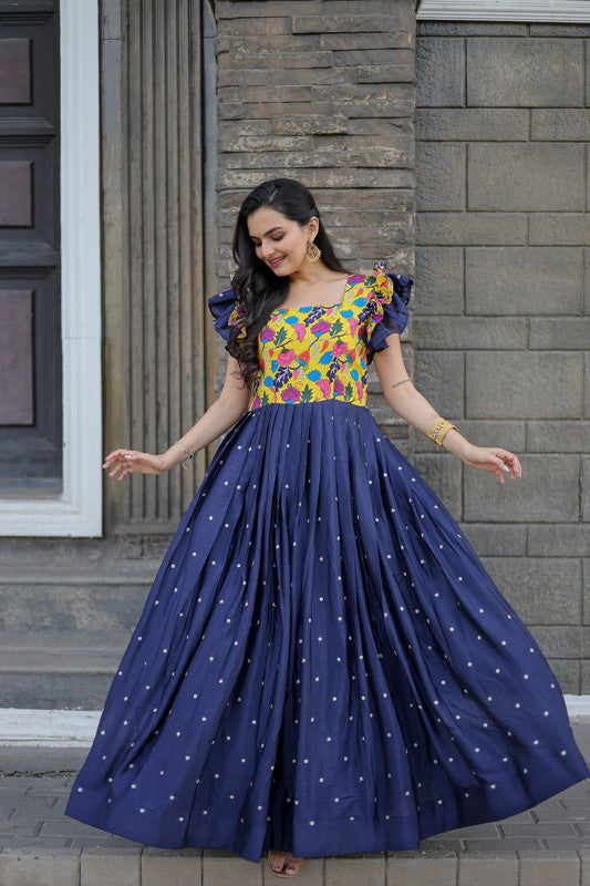 Women's Blue Maslin With Chinon Embroidered Partwear Anarkali Dress - Jyoti Fashion