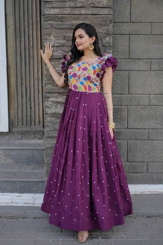 Women's Wine Maslin With Chinon Embroidered Partwear Anarkali Dress - Jyoti Fashion