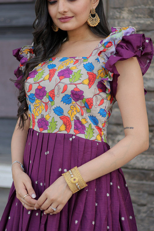 Women's Wine Maslin With Chinon Embroidered Partwear Anarkali Dress - Jyoti Fashion