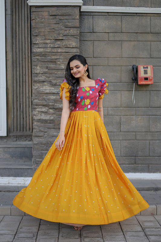 Women's Yellow Maslin With Chinon Embroidered Partwear Anarkali Dress - Jyoti Fashion
