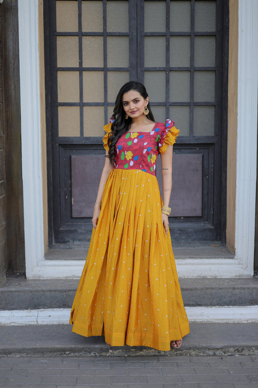 Women's Yellow Maslin With Chinon Embroidered Partwear Anarkali Dress - Jyoti Fashion